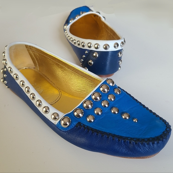 PRADA Driving Moc Studded Silver Embellished Loafer Flat Royal Navy White 36 - Picture 2 of 10